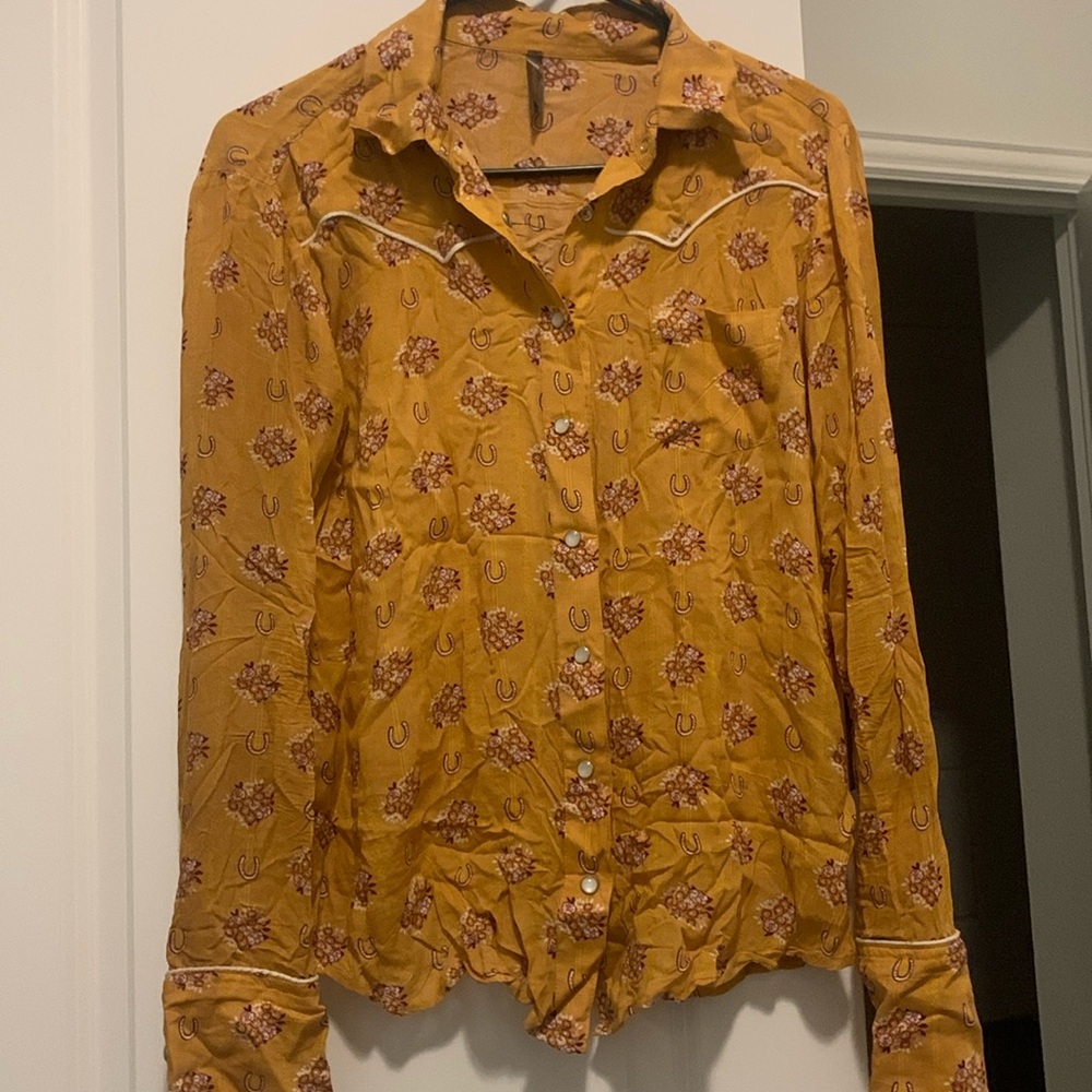 Stetson Mustard Floral Western Pearl-Snap Blouse